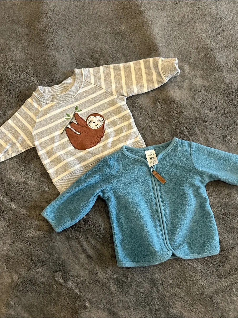Carter's Blue Fleece Zip Jacket with Gray & Cream Sloth Stripe Pullover